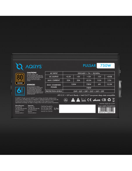 Sursa Aqirys Pulsar 750W 80+ White certified, culoare