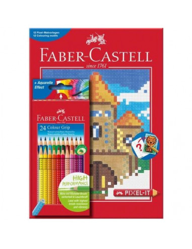 FC201436,Set 24 Creioane Colorate Grip Si Carte Colorat Pixel Faber-Castell