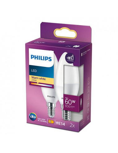 Pachet 2 becuri LED Philips B38, E14, 7W (60W), 806 lm, lumina