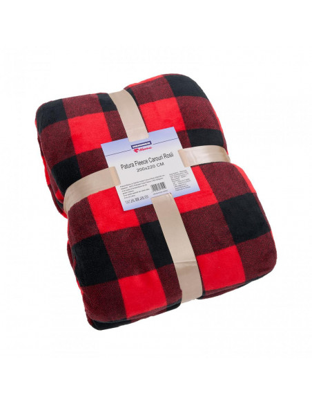 Patura fleece cu blanita model Carouri Rosii 200x220