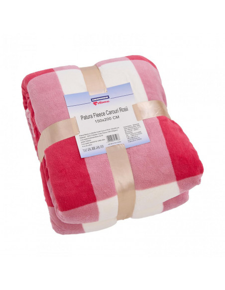 Patura fleece cu blanita model Carouri Rosii 150x200