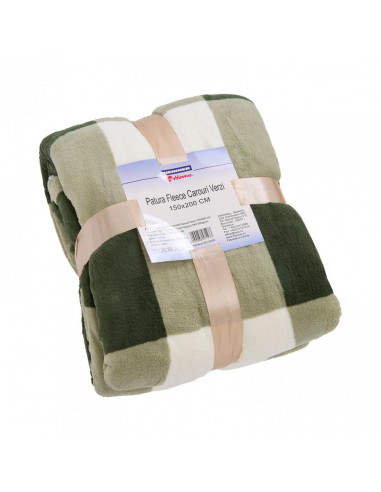 Patura fleece cu blanita model Carouri Verzi 150x200