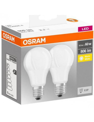 Set 2 becuri Led Osram, E27, LED BASE CLASSIC A, 8.5W(60W)