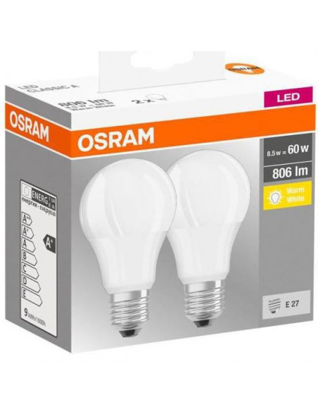 Set 2 becuri Led Osram, E27, LED BASE CLASSIC A, 8.5W(60W)