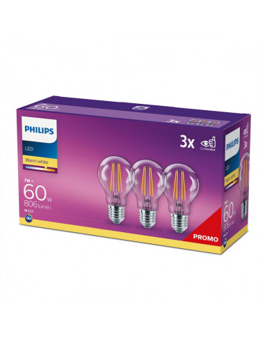 Set de 3 bec-uri LED Philips 7W (60, E27, lumina calda