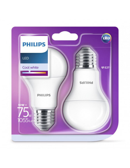 Set 2 becuri LED Philips, E27, 10W (75W), 1055 lm, lumina alba