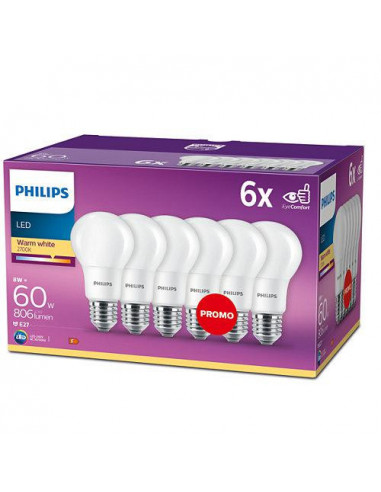 Set 6 becuri LED Philips, E27, 8W (60W), 806 lm, lumina calda