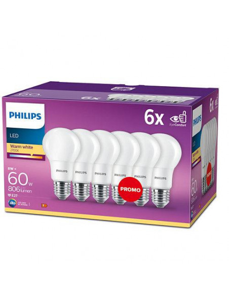 Set 6 becuri LED Philips, E27, 8W (60W), 806 lm, lumina calda