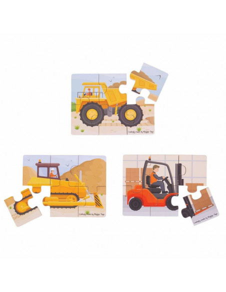 Set 3 puzzle din lemn - Vehicule pentru constructii,BJ817