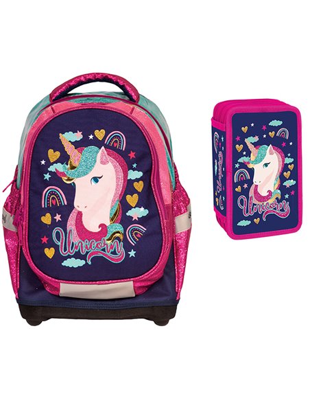 Set scoala Unicorn 6 - Ghiozdan scoala si penar echipat cu 3