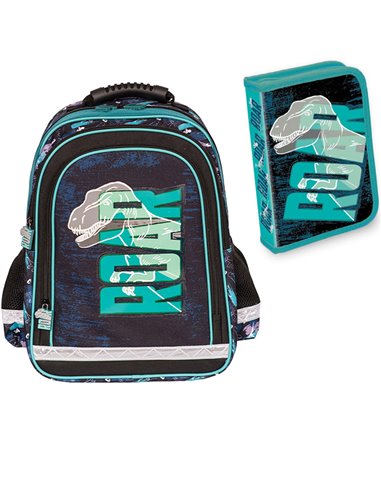 Set scoala Dino 1 - Ghiozdan scoala ergonomic si penar echipat