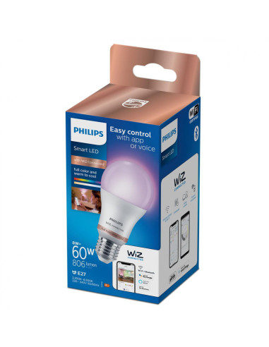 Bec LED RGB inteligent Philips, Wi-Fi, Bluetooth, A60, E27, 8W