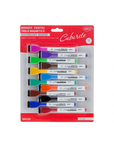 Set 12 markere tabla magnetica cu burete DACO Set 12 markere tabla magnetica cu burete DACO