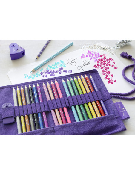 FC201738,Rollup 20 creioane colorate FABER-CASTELL sparkle + o raadiera si o ascutitoare
