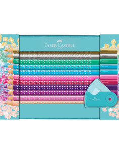 FC201641,Set cadou 20 creioane colorate sparkle + ascutitoare sleeve mini FABER-CASTELL
