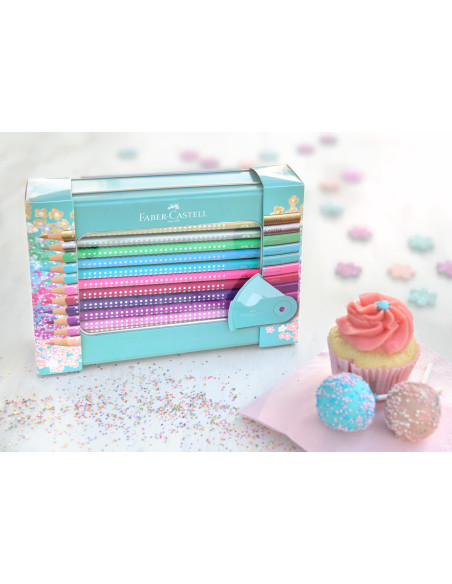 FC201641,Set cadou 20 creioane colorate sparkle + ascutitoare sleeve mini FABER-CASTELL