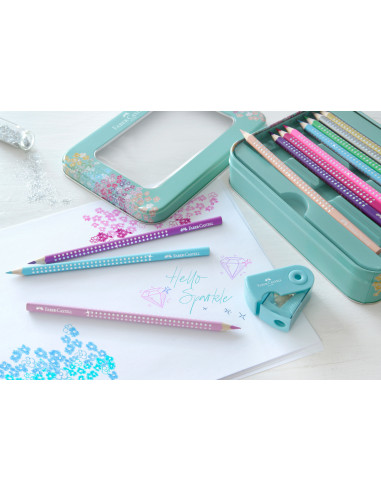 FC201641,Set cadou 20 creioane colorate sparkle + ascutitoare sleeve mini FABER-CASTELL