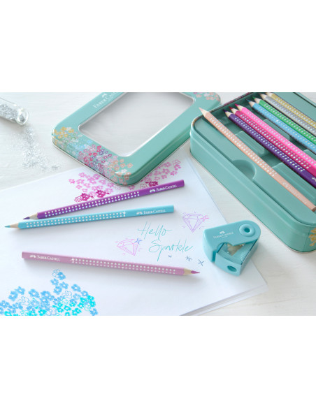FC201641,Set cadou 20 creioane colorate sparkle + ascutitoare sleeve mini FABER-CASTELL