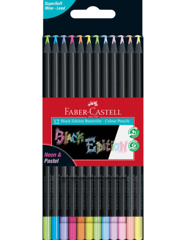 FC116410,Creioane colorate FABER-CASTELL 12 culori pastel+ neon, Black edition