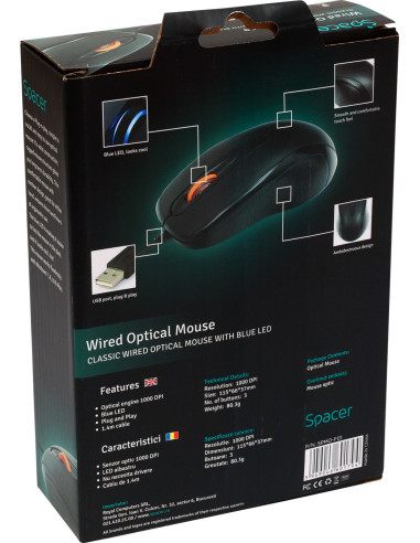 MOUSE Spacer, PC sau NB, cu fir, USB, optic, 1000 dpi