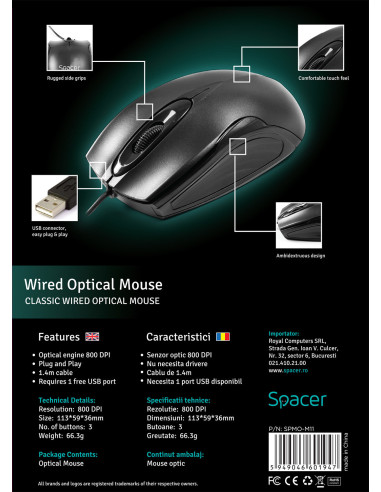MOUSE Spacer, PC sau NB, cu fir, USB, optic, 800 dpi