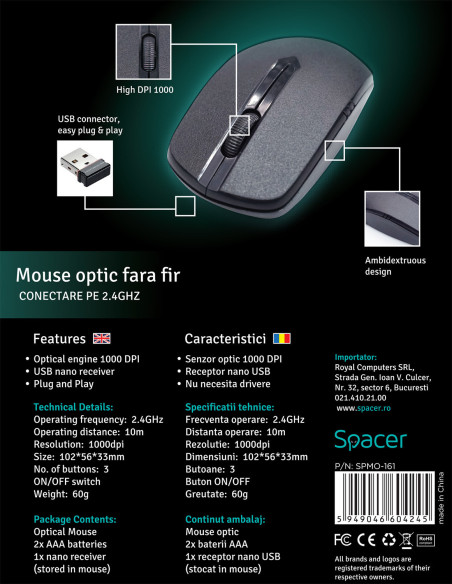 MOUSE Spacer, PC sau NB, wireless, 2.4GHz, optic, 1000 dpi