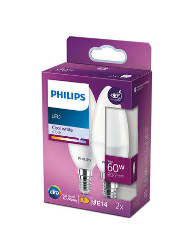 SET 2 becuri LED Philips, soclu E14, putere 7W, forma lumanare