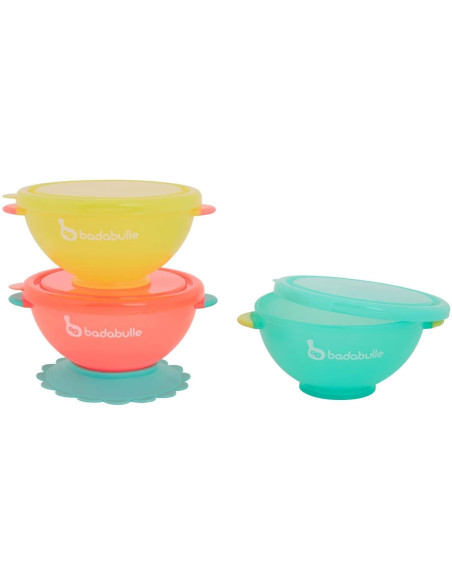 Badabulle - Set 3 boluri colorate pentru mancare, cu suport