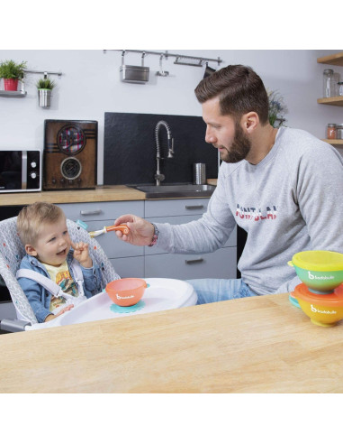 Badabulle - Set 3 boluri colorate pentru mancare, cu suport
