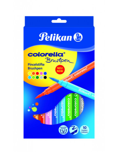 814577,Carioca Colorella Super Brush, Set 10 Culori, Varf Tip Pensula Pelikan