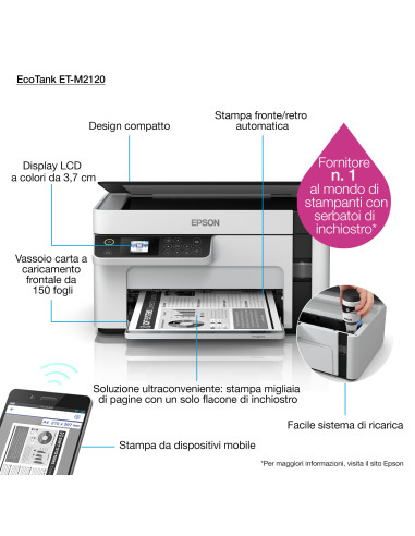 Multifunctional inkjet monocrom Epson EcoTank M2120, Wireless, A4