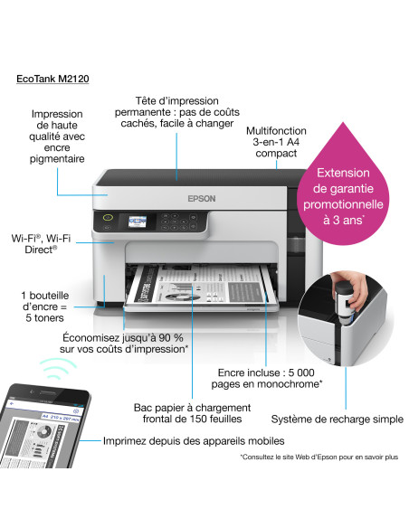 Multifunctional inkjet monocrom Epson EcoTank M2120, Wireless, A4