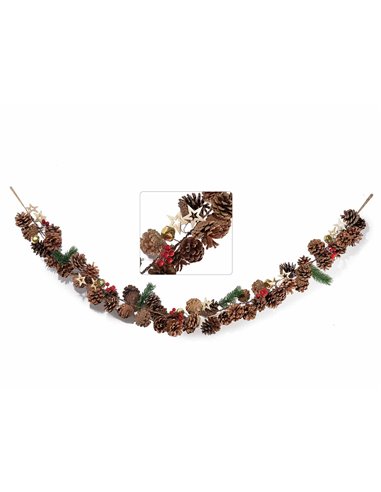 Ghirlanda Craciun artificiala cu conuri de pin, fructe de padure, clopotei si stele, 1.35 m