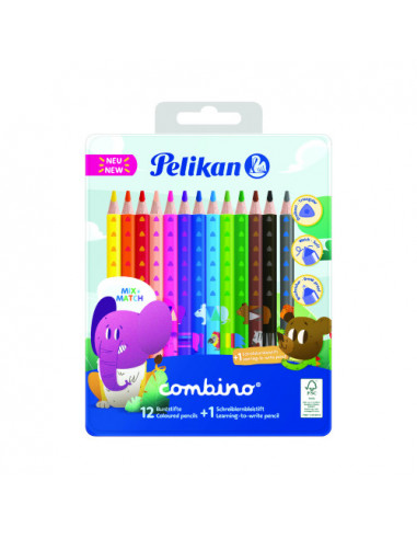 811200,Creioane Color Combino, Set 12 Culori + 1 Creion Grafit Invata Sa Scrii, Cutie De Metal Pelikan