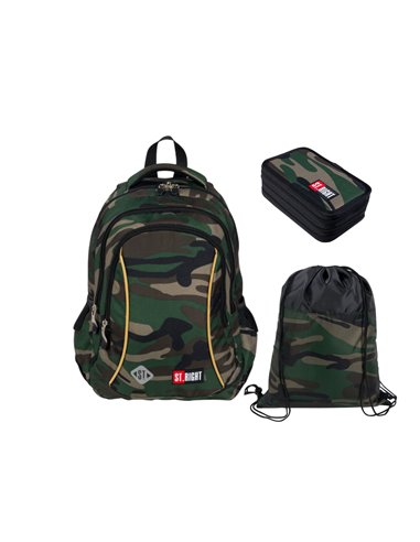 Set scoala ST.RIGHT Army -  Ghiozdan, penar echipat si sac incaltamine