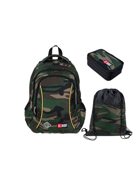 Set scoala ST.RIGHT Army -  Ghiozdan, penar echipat si sac incaltamine