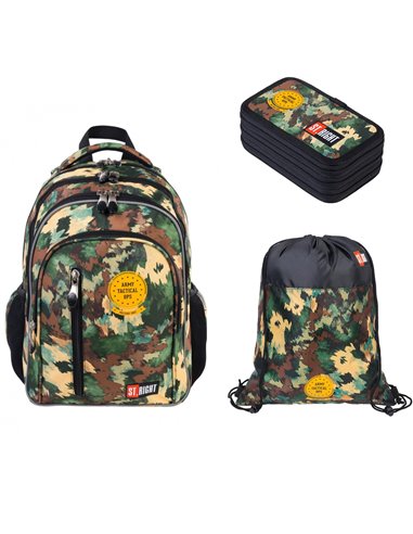 Set scoala ST.RIGHT Army 1 -  Ghiozdan, penar echipat si sac incaltamine