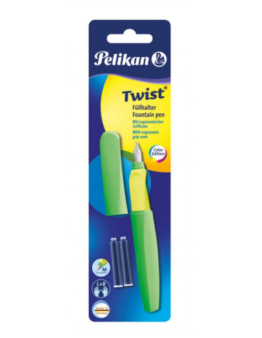 807302,Stilou Twist Verde Neon, Cu Grip Ergonomic, 2 Rezerve Albastre, Blister Pelikan