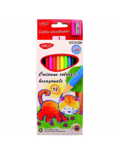 Creioane colorate hexagonale Daco, 12 culori