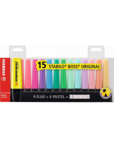 SW7015,Set Textmarkere Stabilo Boss Original, culori asortate pastel si neon, 15 buc/set