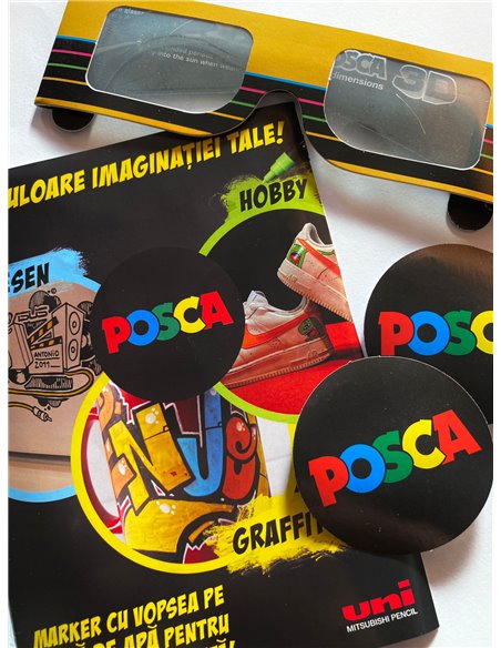 Set 5 markere UNI POSCA PC-3M, 0.9-1.3mm + Ochelari 3D si Stikere