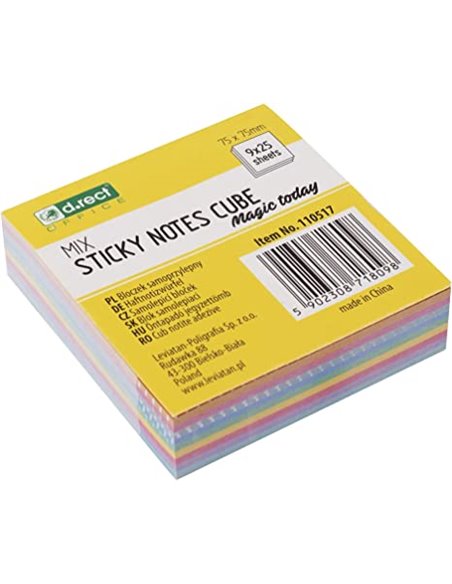 Notes Adeziv D.RECT OFFICE, 75X75MM, 225F, 9 culori
