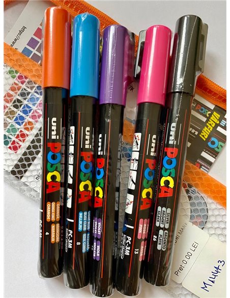 Set 5 markere UNI POSCA PC-3M, 0.9-1.3mm +  Stickere
