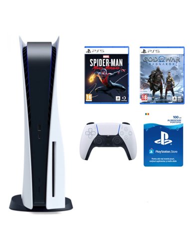 Consola PlayStation 5 + Joc PS5 God of War Ragnarok + Joc PS5 Marvel's Spider-Man: Miles Morales + PSCard 100 RON