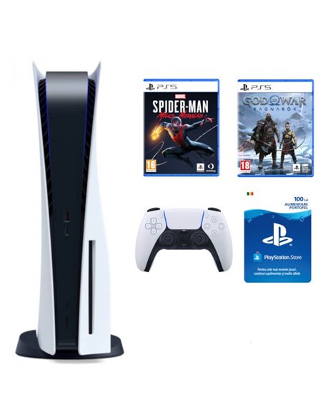Consola PlayStation 5 + Joc PS5 God of War Ragnarok + Joc PS5 Marvel's Spider-Man: Miles Morales + PSCard 100 RON