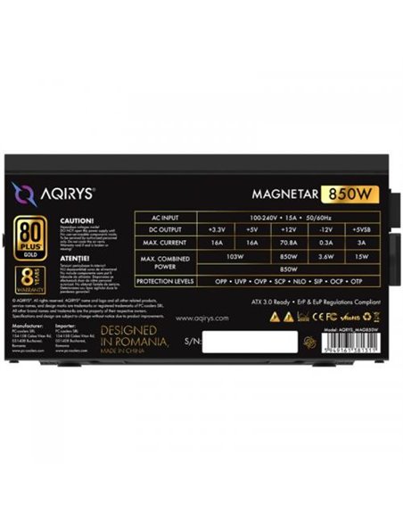 Sursa Aqirys Magnetar 850W 80 Gold Plus  TECHNICAL DATA  Continuous power: 850W Form factor: ATX ATX Version: ATX V2.52 (3.0 Rea