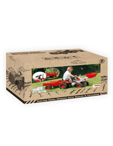 Tractor - excavator cu pedale si remorca, Rosu, 54x183x45 cm -