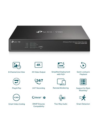 TP-LINK VIGI 8 CHANNEL Network video recorder, VIGI NVR1008H-8MP, latime de banda 80 Mbps, 8 canale IP, rezolutie: pana la 8MP,