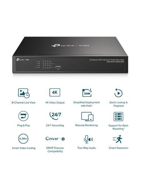 TP-LINK VIGI 8 CHANNEL Network video recorder, VIGI NVR1008H-8MP, latime de banda 80 Mbps, 8 canale IP, rezolutie: pana la 8MP,