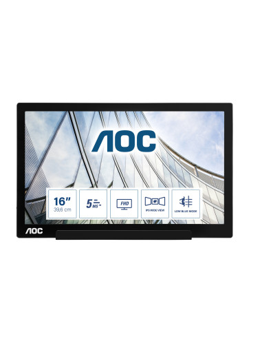 Monitor portabil 15.6" AOC I1601FWUX, FHD 1920*1080, 60 Hz, WLED, IPS, 16 9, 5 ms, 220 cd  mp, 700 1, 160 160, USB-C, cablu USB